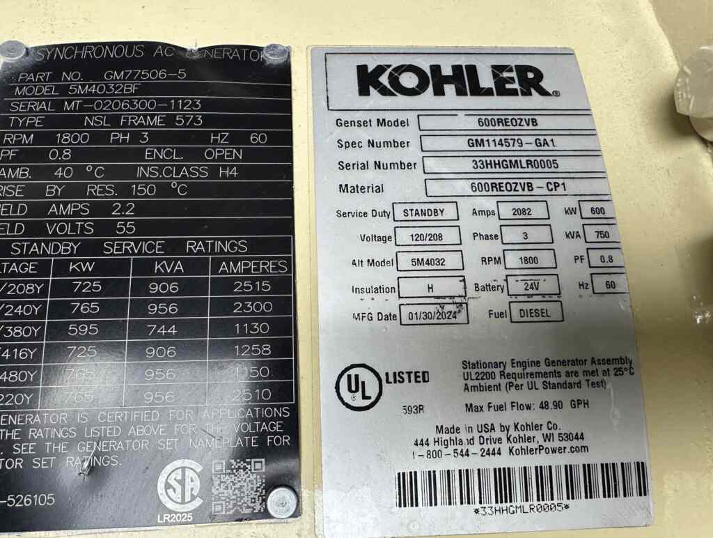 Kohler 600REOZVB Standby Diesel Generator - Tier 2